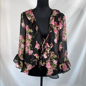 A Hint of Blush Floral Black and Pink Sheer Women's Tie Front Blouse Medium